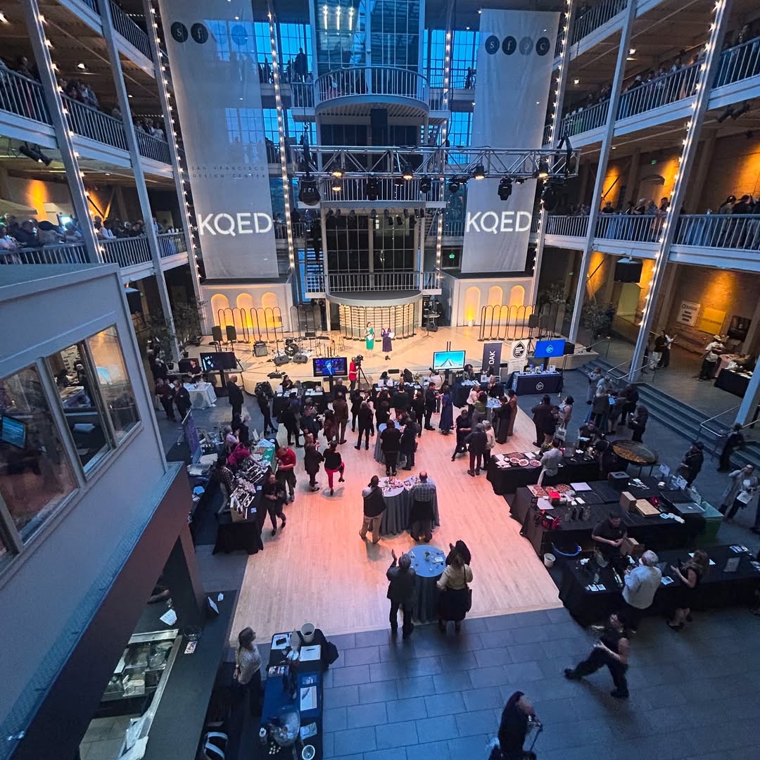 Wide view of the KQED event gathering inside the San Francisco Design Center atrium